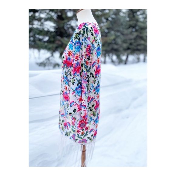 Japna Lounge Flocked Floral Duster Rainbow Sheer Burnout Fringe Kimono Sleeve S - Picture 6 of 10